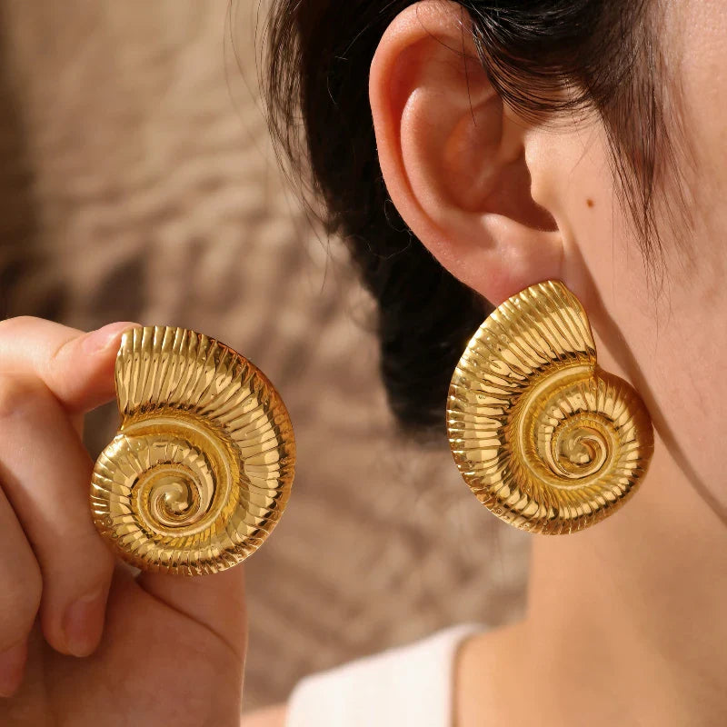 Sea Goddess Spiral Gold Shell Stud Earrings by Freya Fabric
