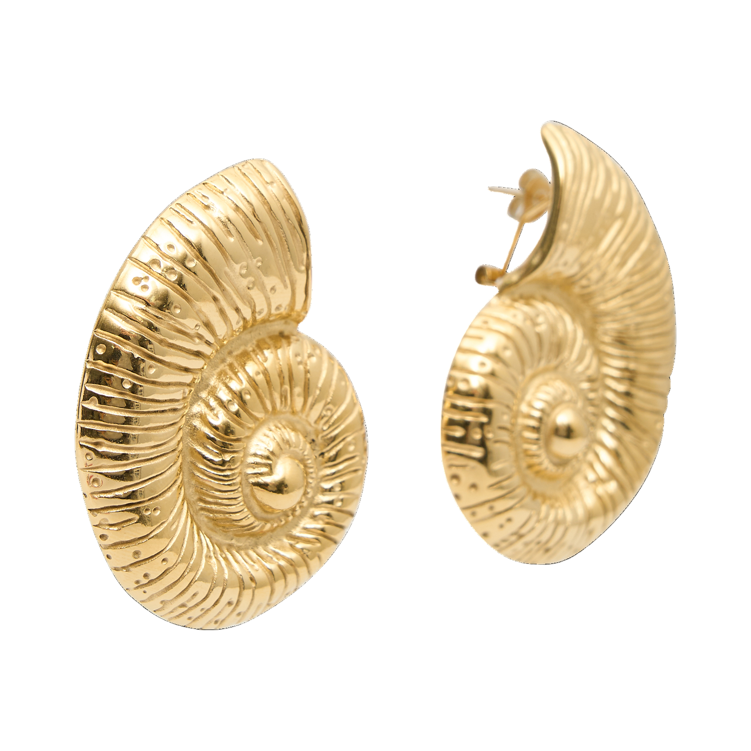 Sea Goddess Spiral Gold Shell Stud Earrings by Freya Fabric