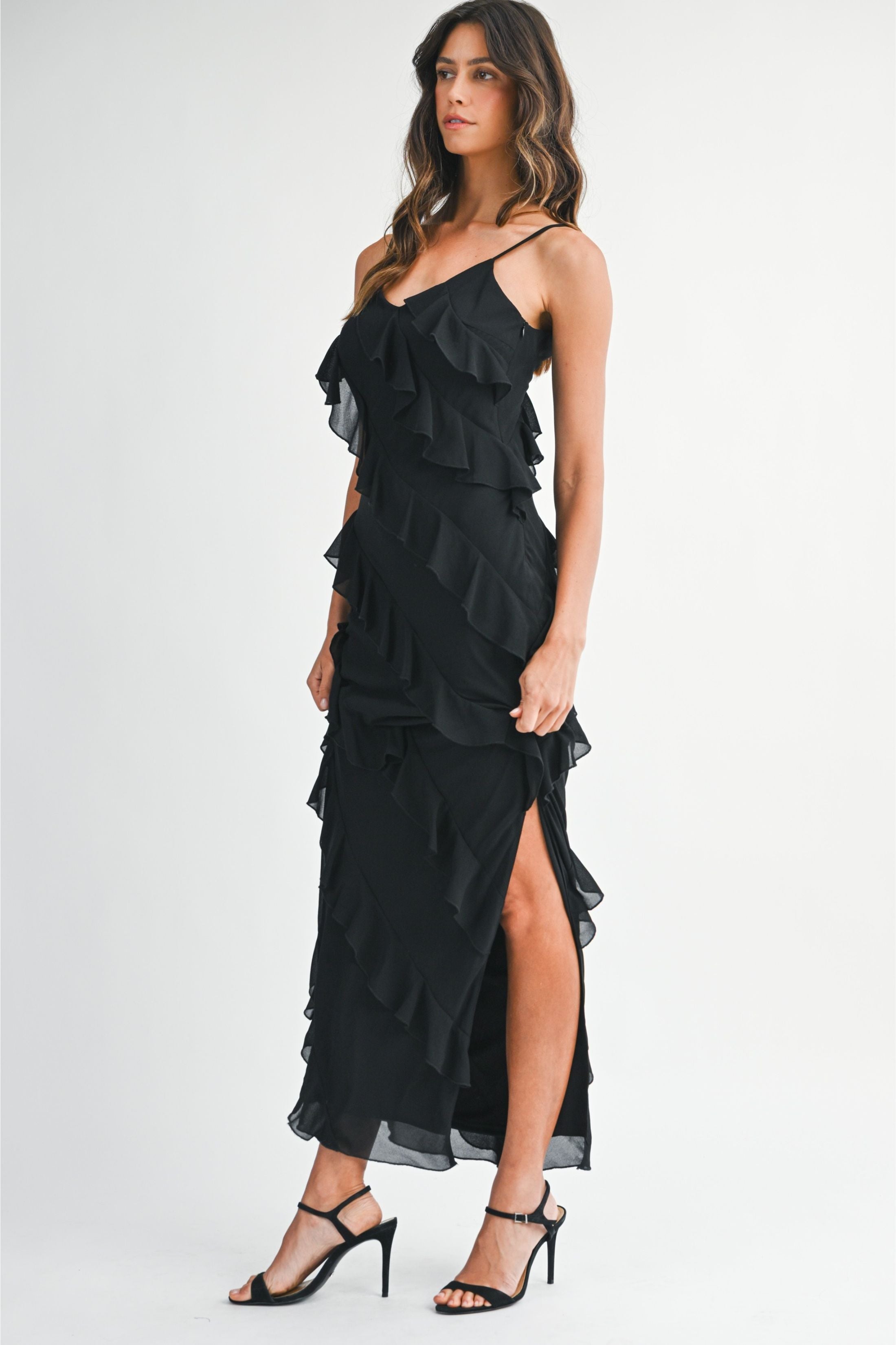 Freya Fabric Tiered Ruffle V Neck Maxi Dress
