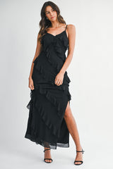 Freya Fabric Tiered Ruffle V Neck Maxi Dress