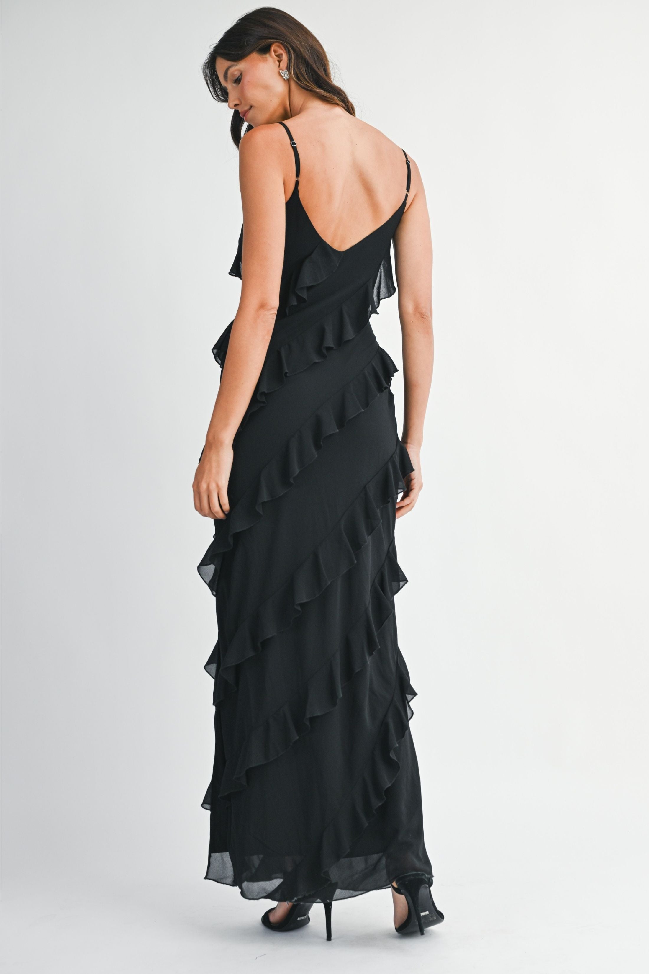 Freya Fabric Tiered Ruffle V Neck Maxi Dress