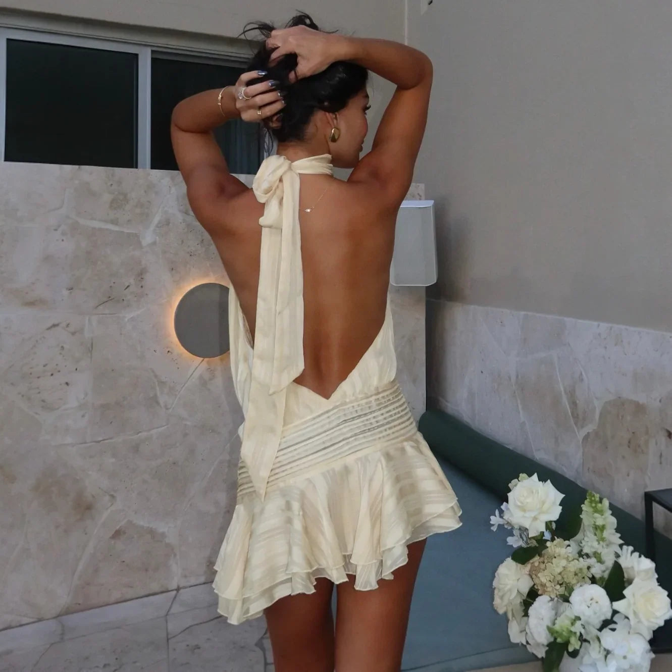 Freya Fabric Beige Chiffon Halter Neck Ruffle Mini Dress