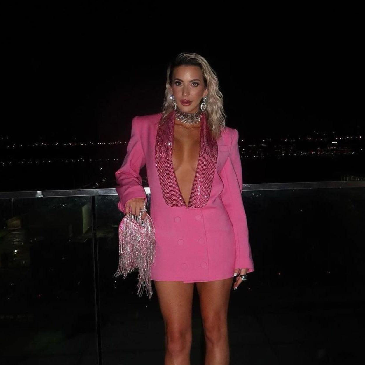 Freya Fabric Pink Crystal Lapel Double Breasted Mini Dress