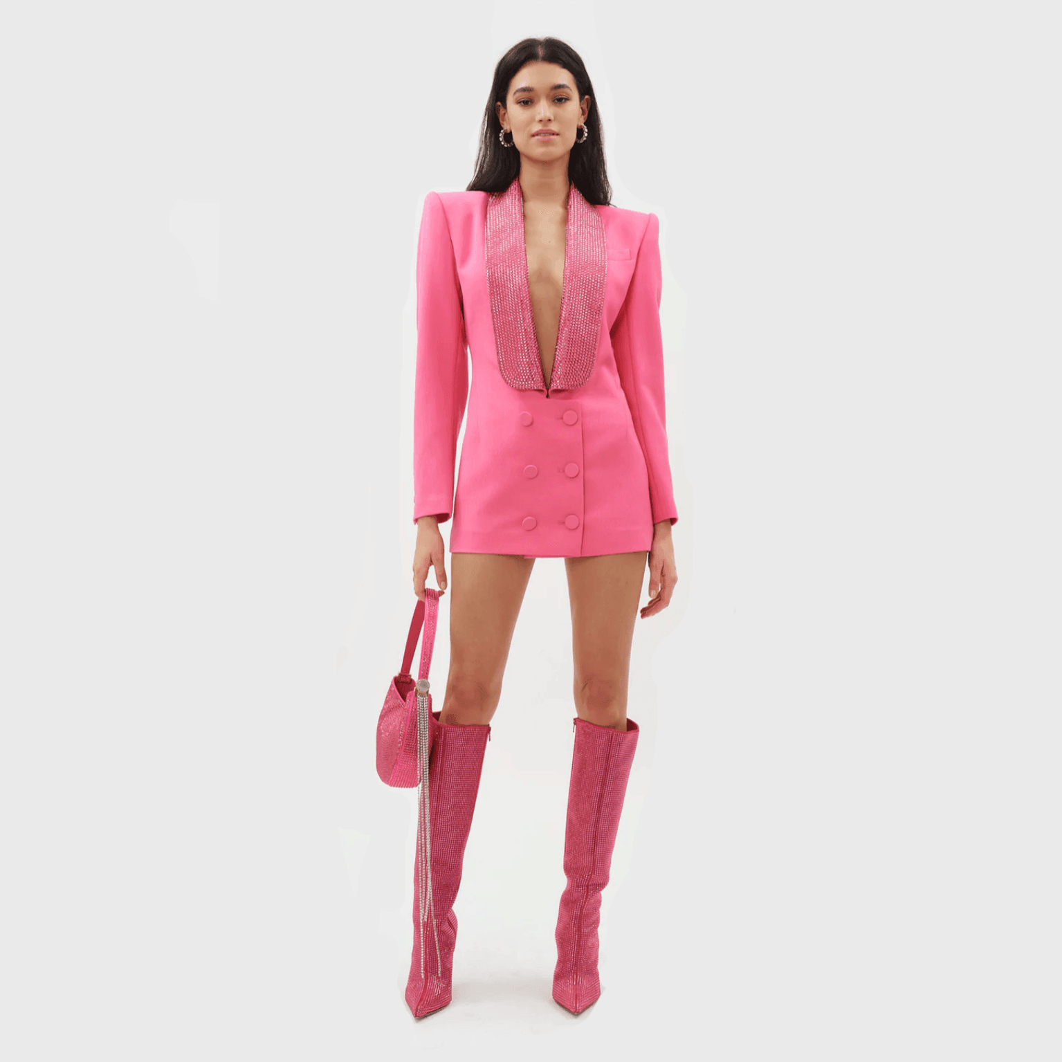Freya Fabric Pink Crystal Lapel Double Breasted Mini Dress