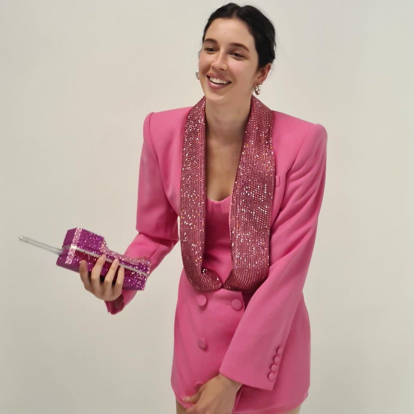 Freya Fabric Pink Crystal Lapel Double Breasted Mini Dress