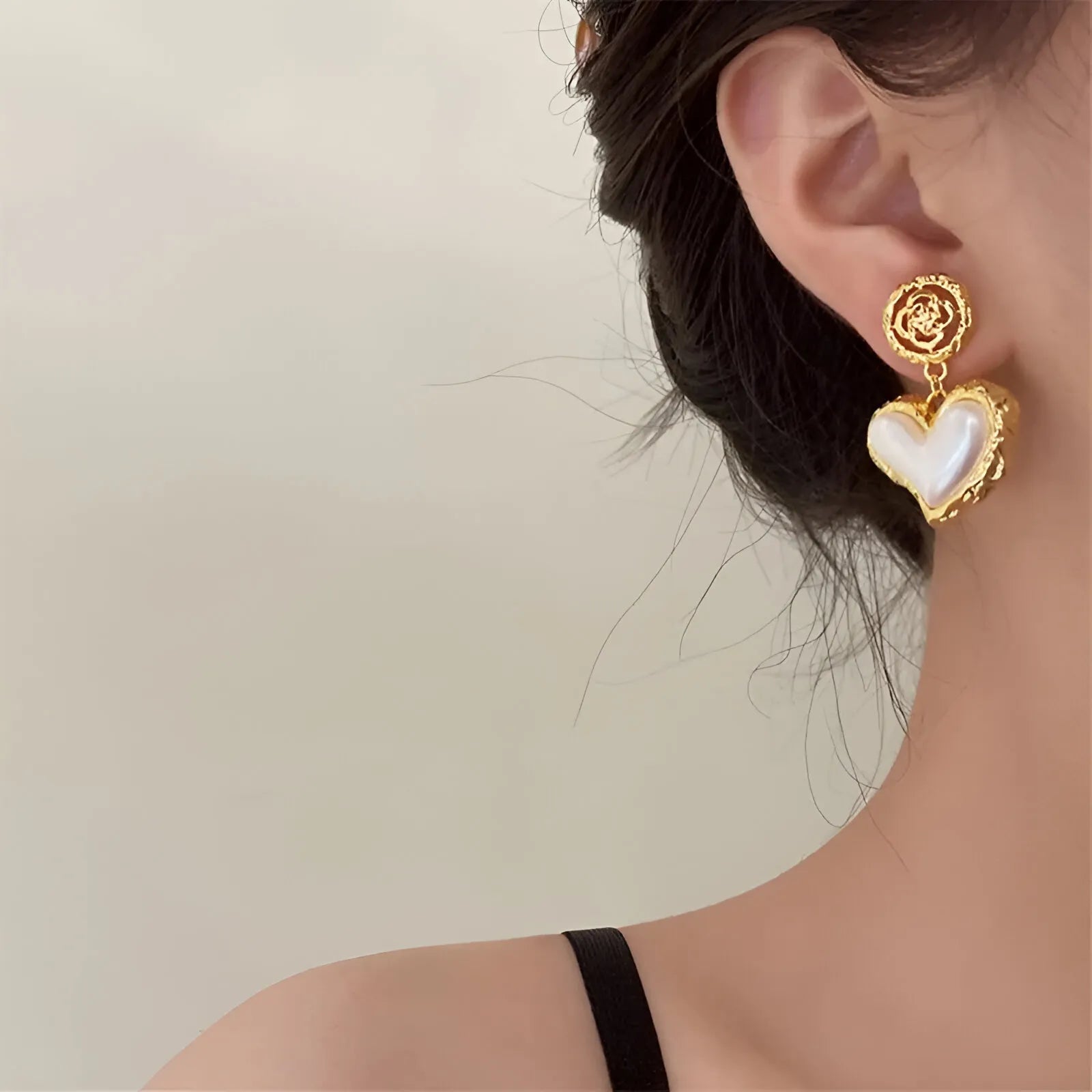 Flower Heart Stone Pearl Drop Earrings by Freya Fabric