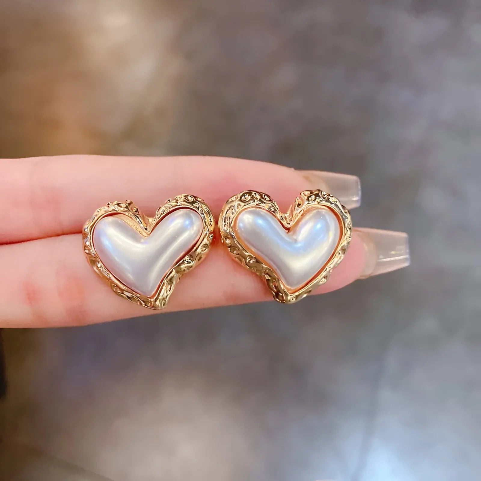 Flower Heart Stone Pearl Drop Earrings by Freya Fabric