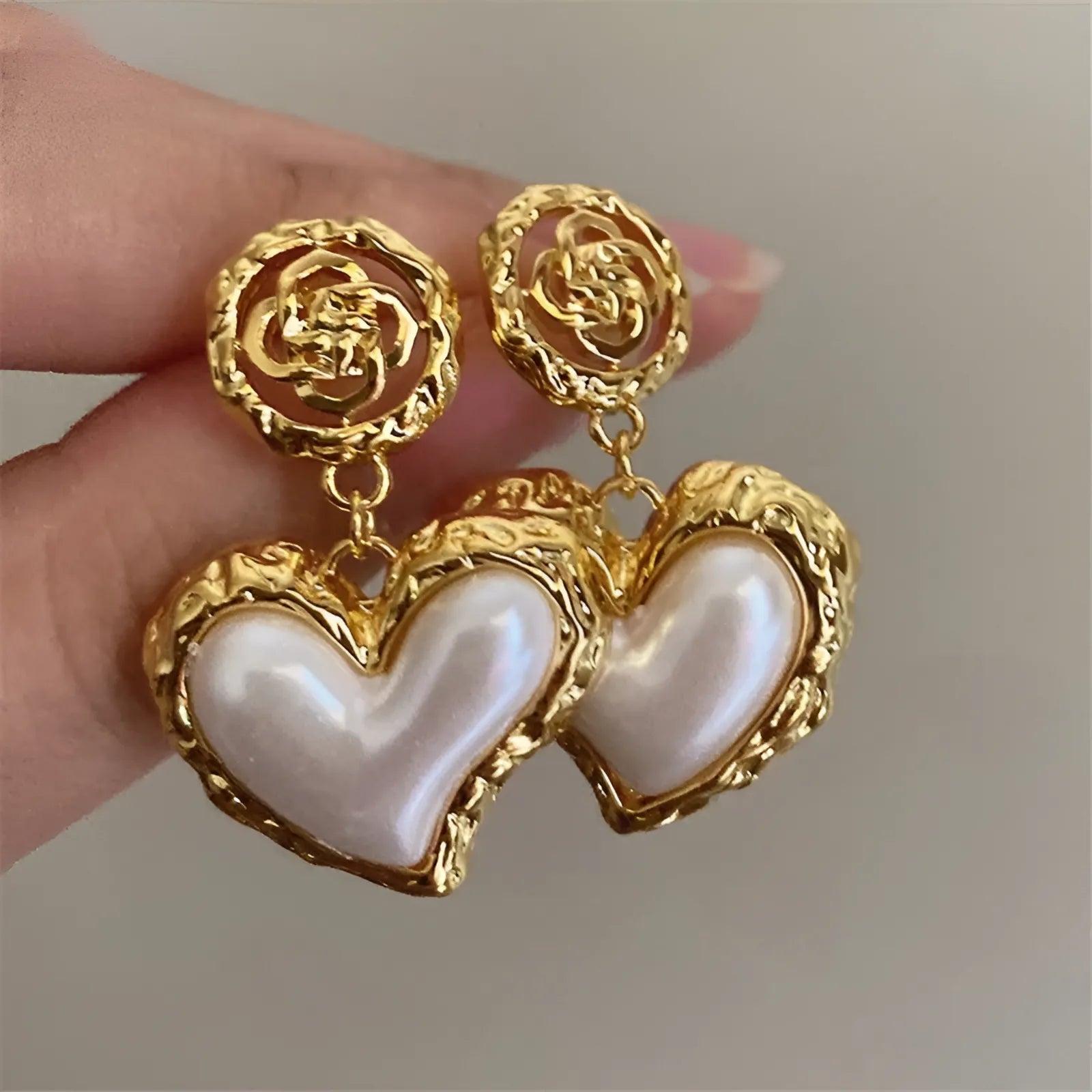 Flower Heart Stone Pearl Drop Earrings by Freya Fabric