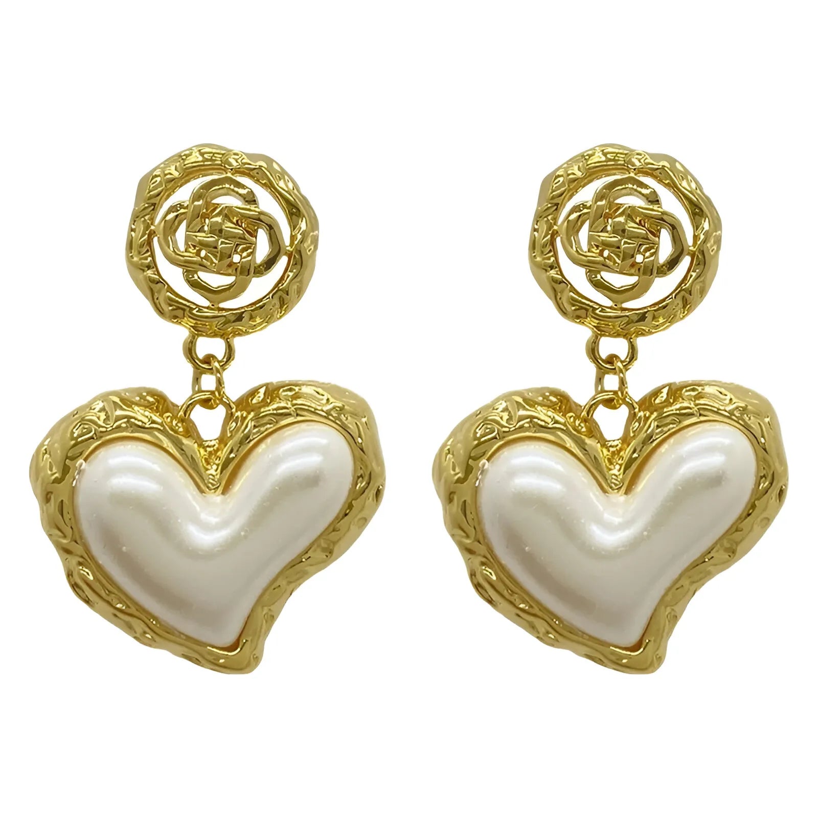 Flower Heart Stone Pearl Drop Earrings by Freya Fabric