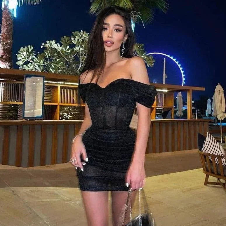 Freya Fabric Black Glitter Off Shoulder Corset Mini Dress