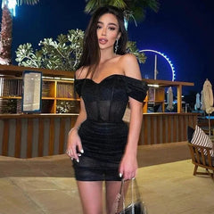 Freya Fabric Black Glitter Off Shoulder Corset Mini Dress