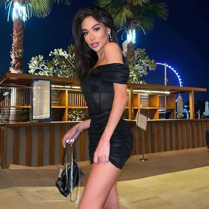 Freya Fabric Black Glitter Off Shoulder Corset Mini Dress