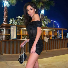 Freya Fabric Black Glitter Off Shoulder Corset Mini Dress