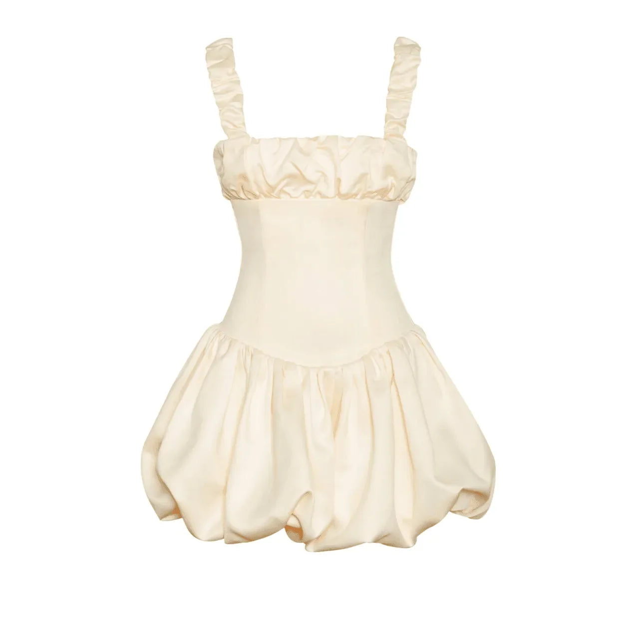Freya Fabric Ivory Satin Ruched Strap Bubble Hem Mini Dress