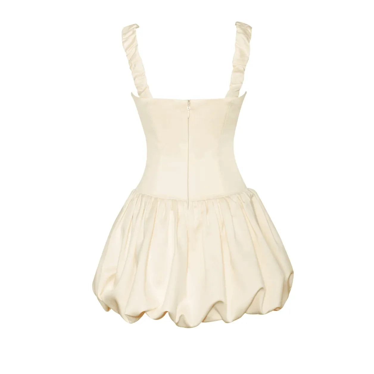 Freya Fabric Ivory Satin Ruched Strap Bubble Hem Mini Dress