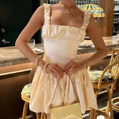Freya Fabric Ivory Satin Ruched Strap Bubble Hem Mini Dress