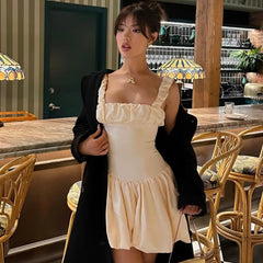 Freya Fabric Ivory Satin Ruched Strap Bubble Hem Mini Dress