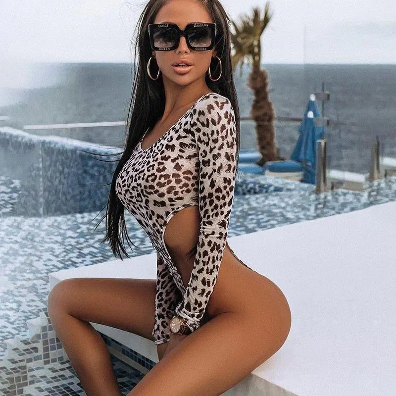 Leopard Print Sheer Mesh Long Sleeve Bodysuit by Freya Fabric