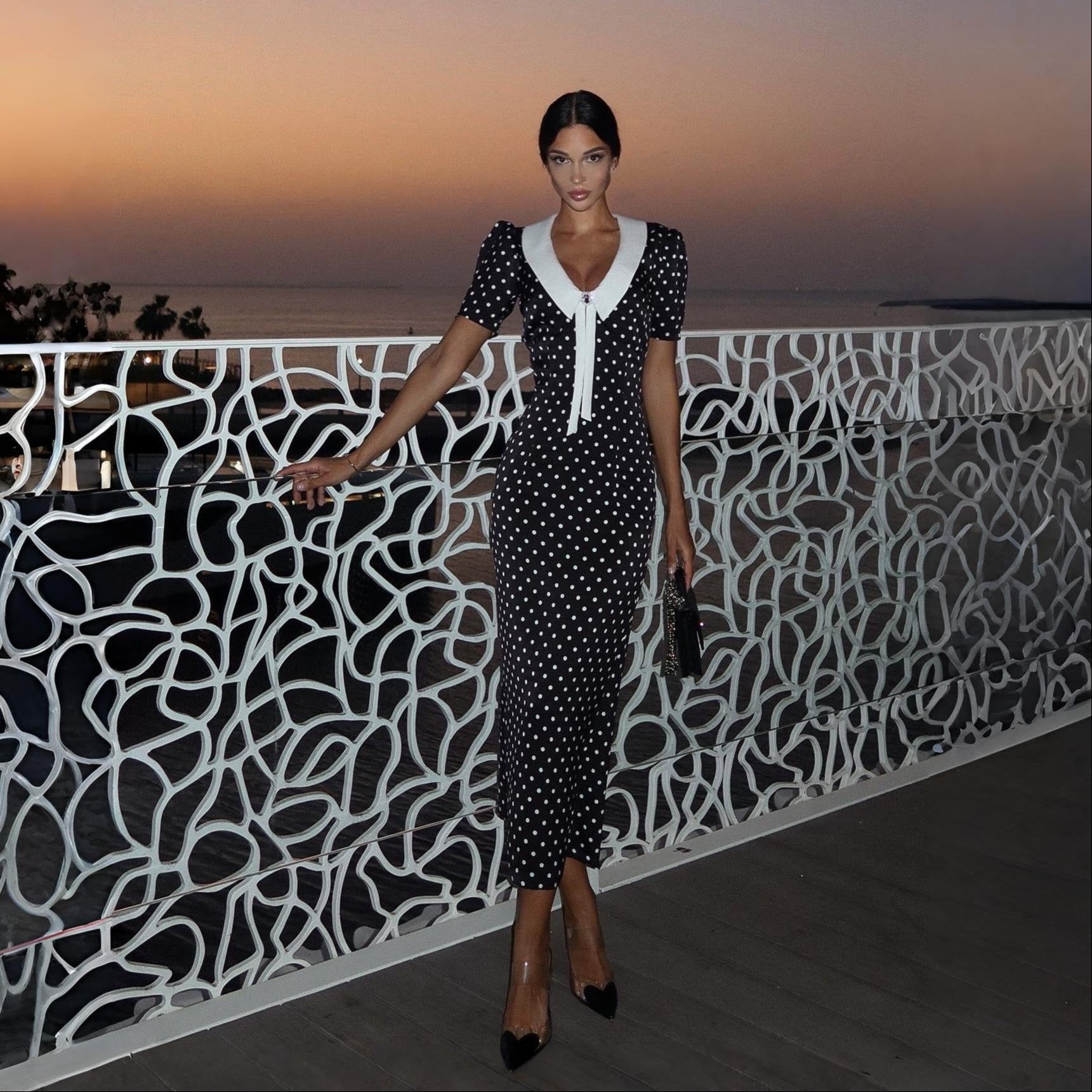 Freya Fabric Black Polka Dot White Collar Midi Dress