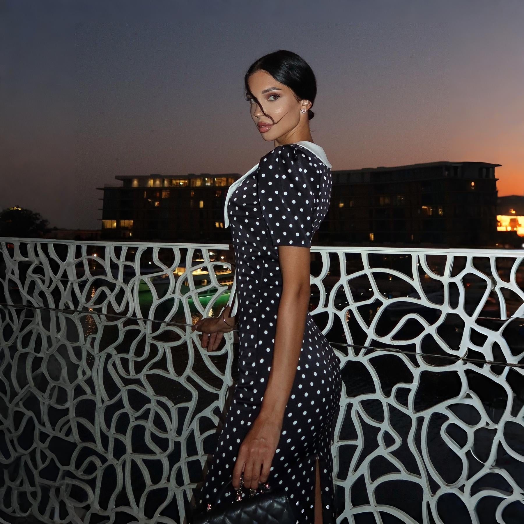 Freya Fabric Black Polka Dot White Collar Midi Dress