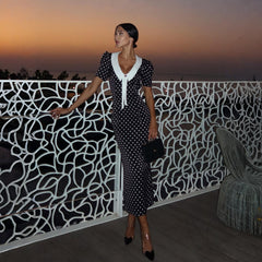Freya Fabric Black Polka Dot White Collar Midi Dress