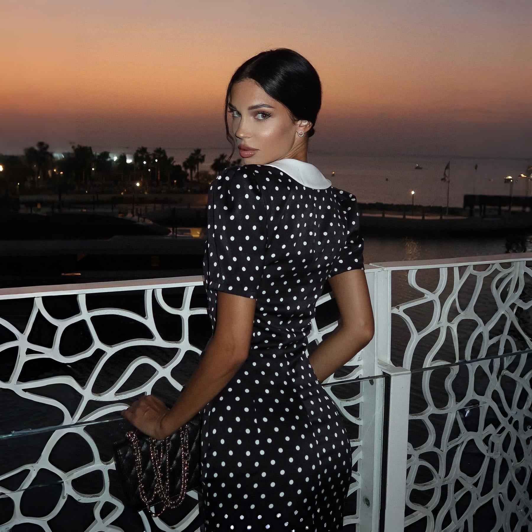 Freya Fabric Black Polka Dot White Collar Midi Dress